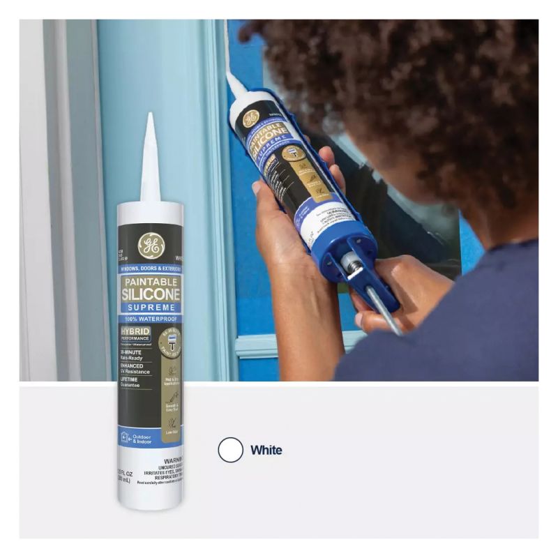 GE Paintable Silicone Supreme 2733730 Window &amp; Door Sealant, White, 24 hr Curing, 10.1 fl-oz Cartridge White