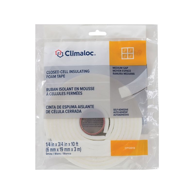 Climaloc CF12013 Foam Tape, 3/4 in W, 9.8 ft L, 1/4 in Thick, Polyethylene, White White