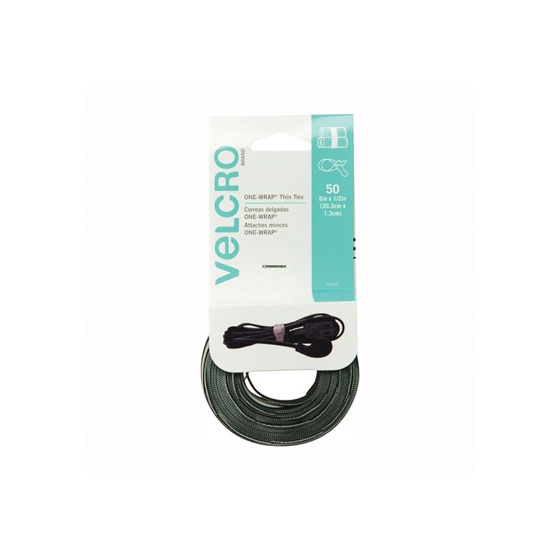 VELCRO Brand One Wrap 90924 Fastener, 1/2 in W, 8 in L, Black/Gray Black/Gray