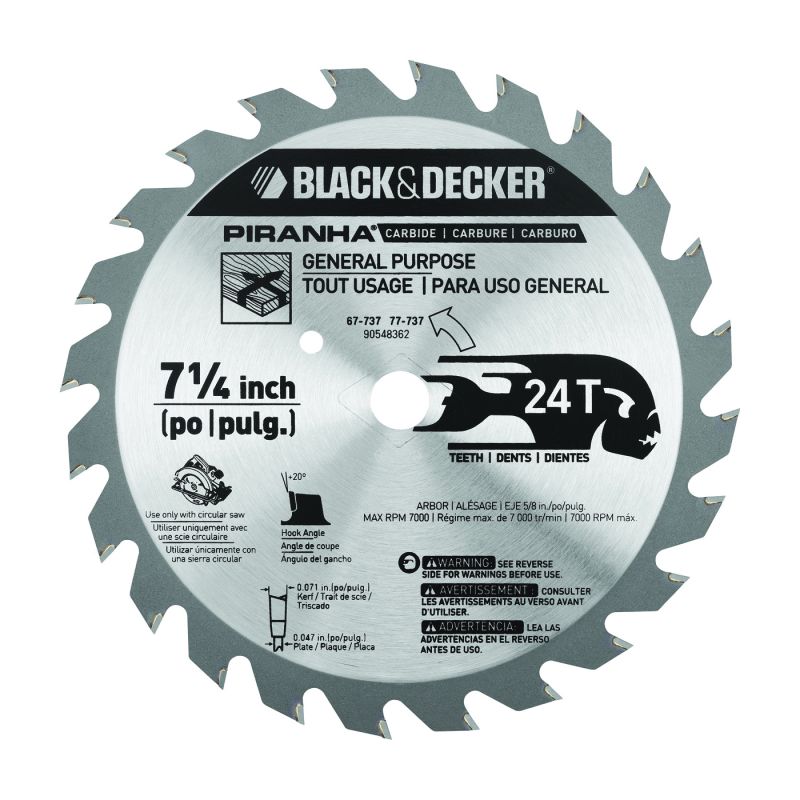 Black+Decker 67-737 Circular Saw Blade, 7-1/4 in Dia, 5/8 in Arbor, 24-Teeth, Carbide Cutting Edge