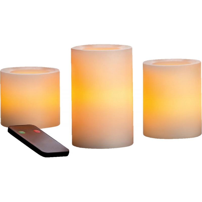 Inglow 3 In. Dia. Cream Wax Pillar LED Flameless Candle Set With Remote Control Cream