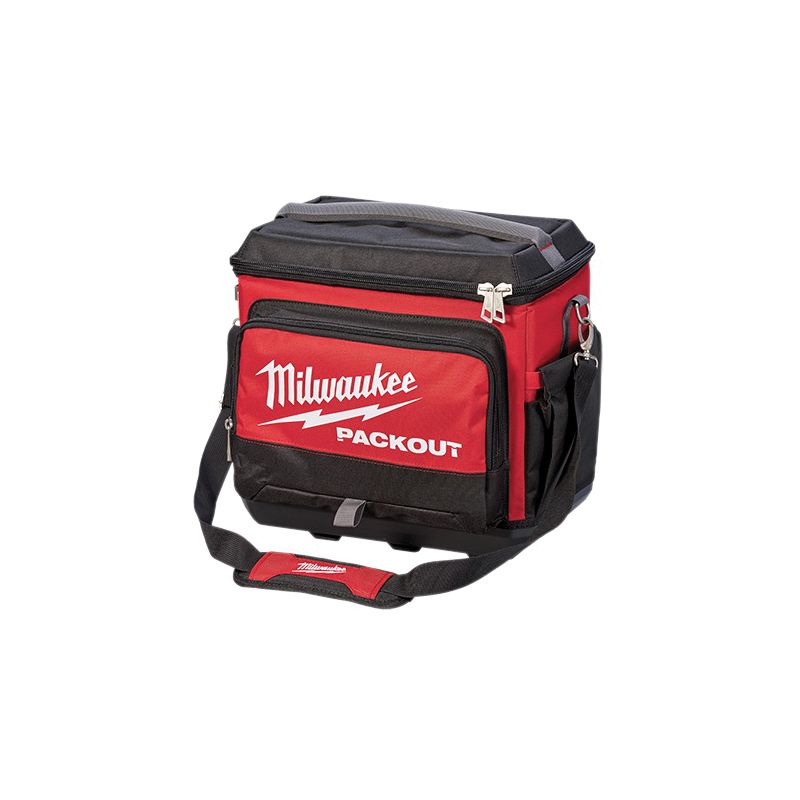 Milwaukee PACKOUT 48-22-8302 Jobsite Cooler, 11.81 in W, 15-3/4 in D, 15-3/4 in H, 5-Pocket, Polyester, Black/Red Black/Red