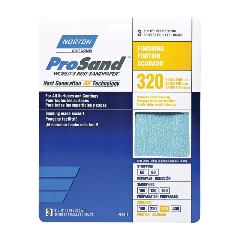 Norton ProSand 07660768157 Sanding Sheet, 11 in L, 9 in W, Extra Fine, 320 Grit, Aluminum Oxide Abrasive, Paper Backing Tan