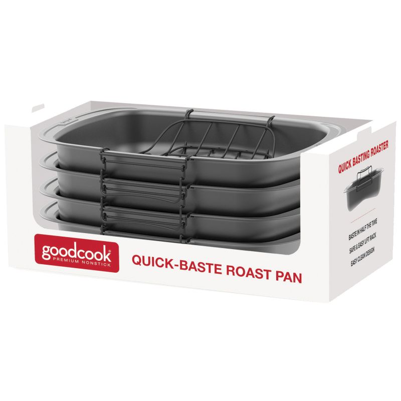 Goodcook 04116 Quick Baste Roast Pan, 25 lb Capacity, Gray, 19.7 in L, 14.8 in W, 15.95 in H, Dishwasher Safe: Yes 25 Lb, Gray