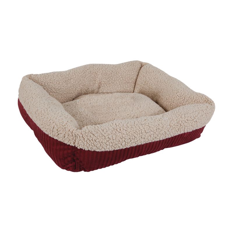 Aspenpet 80136 Pet Lounger, 24 in L, 20 in W, Rectangular, Faux Lambs Wool Plush and Wide Wale Corduroy Fabric Cover Cream/Red