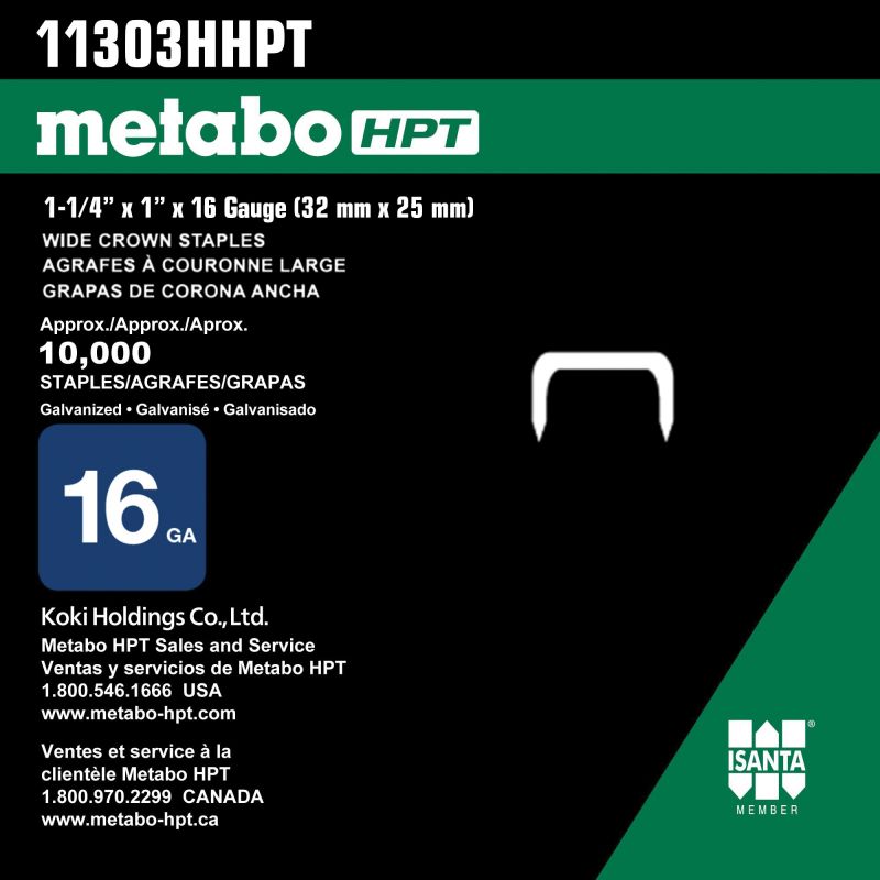Metabo HPT 11303HHPT Crown Staple, 1 in W Crown, 1-1/4 in L Leg, 16 ga Gauge, Steel, Electro-Galvanized