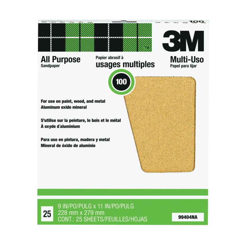 3M 99404 Sandpaper Sheet, 11 in L, 9 in W, Medium, 100 Grit, Aluminum Oxide Abrasive, Paper Backing Tan