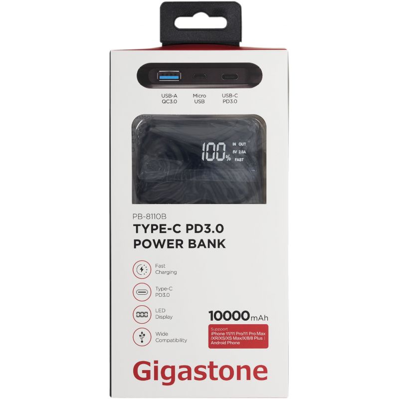 Gigastone 10,000 mAh Type C PD 3.0 Power Bank 10,000 MAh, Black