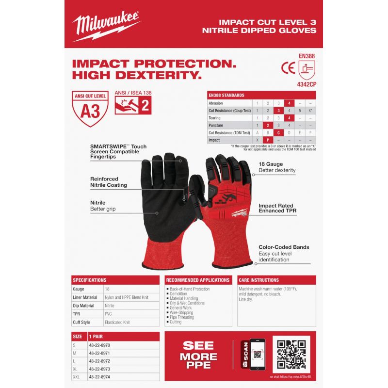 Milwaukee Impact Cut Level 3 Nitrile Work Gloves XL, Red &amp; Black