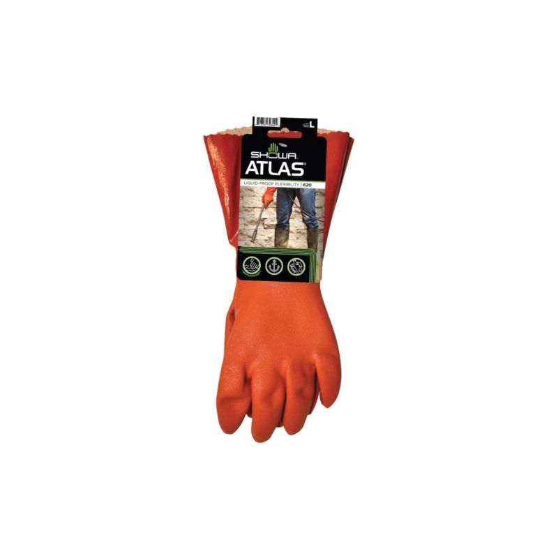 Showa 620L-09.RT Coated Gloves, L, 12 in L, Gauntlet Cuff, PVC, Orange L, Orange