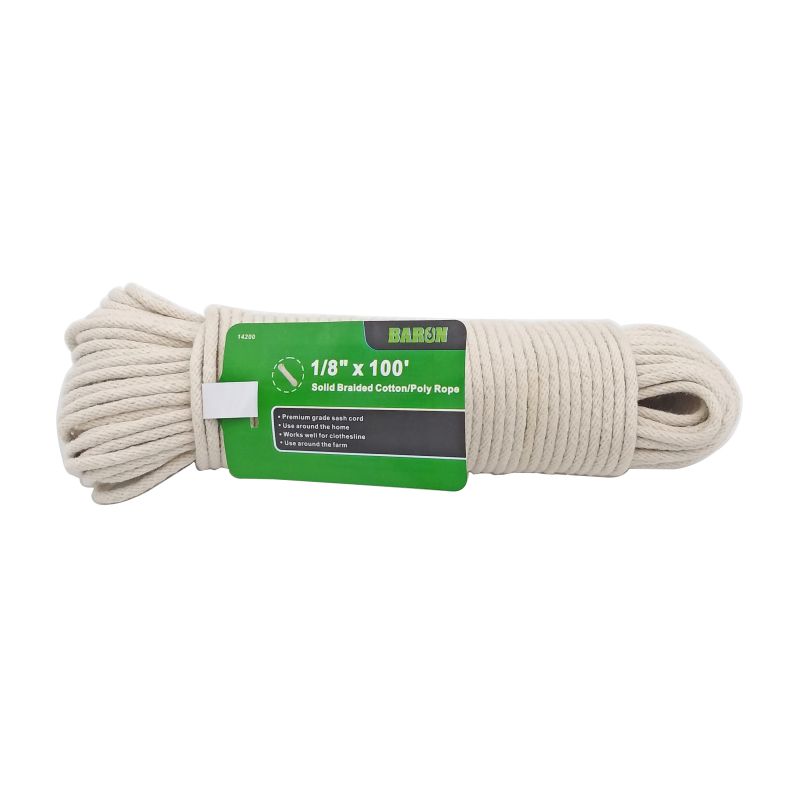 BARON 14200 Rope, 1/8 in Dia, 100 ft L, 18 lb Working Load, Cotton, White 1/8 In, White