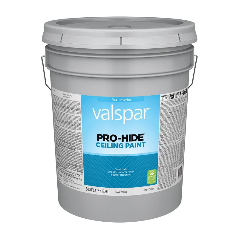 Valspar Pro-Hide 16028 08 Ceiling Paint, Flat, White, 5 gal, Plastic Pail, Latex Base White