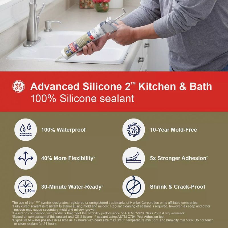 GE Advanced Silicone Kitchen &amp; Bath 100% Silicone Sealant Almond, 10.1 Oz.