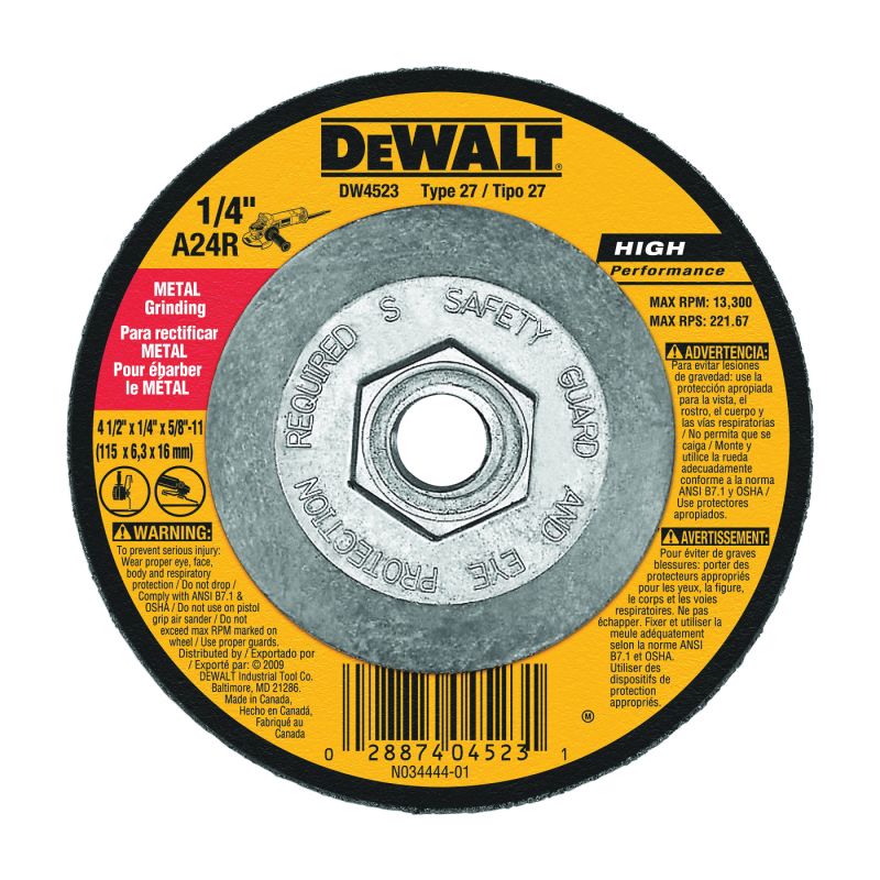 DeWALT DW4523 Grinding Wheel, 4-1/2 in Dia, 1/4 in Thick, 5/8-11 in Arbor, 24 Grit, Very Coarse Black/Yellow