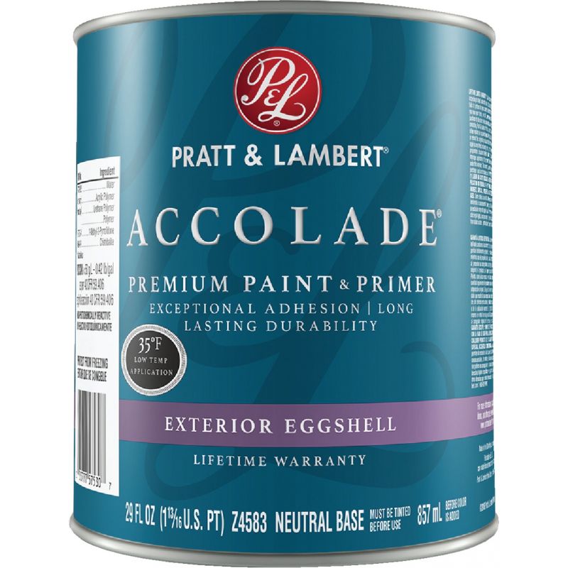 Pratt &amp; Lambert Accolade 100% Acrylic Premium Paint &amp; Primer Eggshell Exterior House Paint 1 Qt., Neutral Base