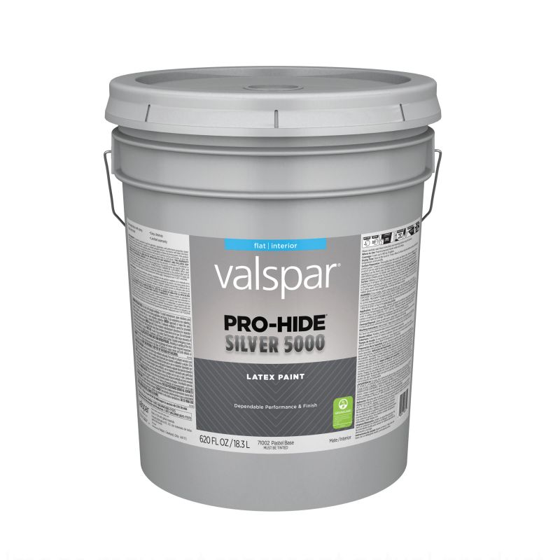 Valspar Pro-Hide Silver 5000 7100 08 Latex Paint, Water Base, Flat, Pastel Base, 5 gal Pastel Base