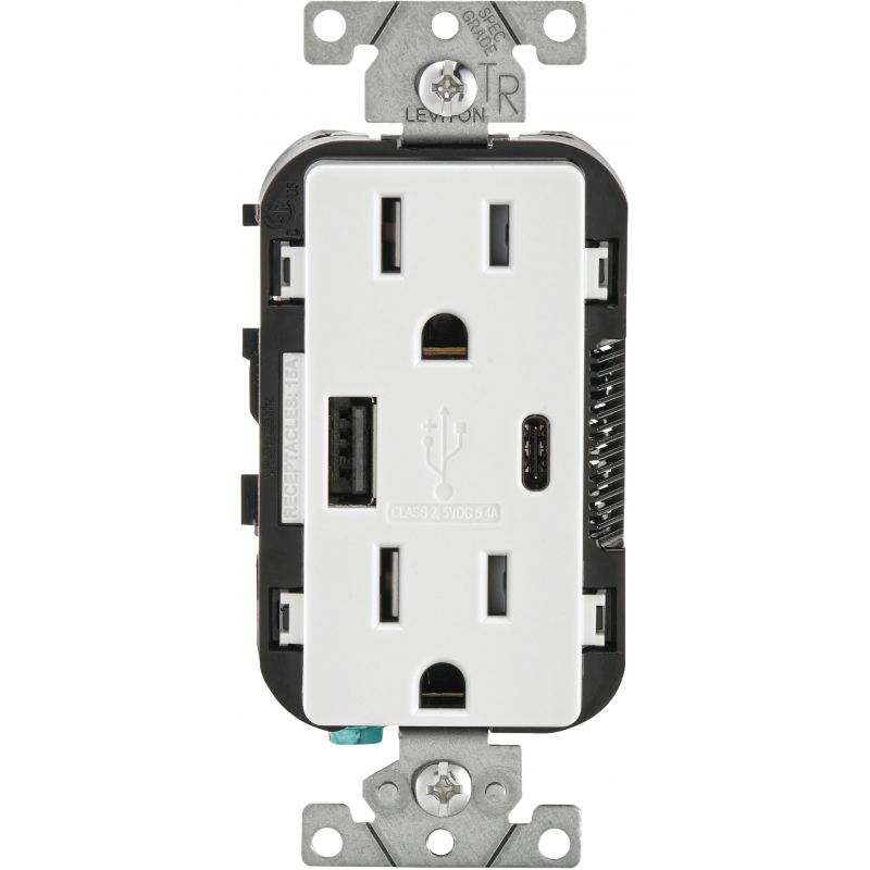 Leviton Decora Type A/Type C USB Charging Outlet White, 5.1A/15A