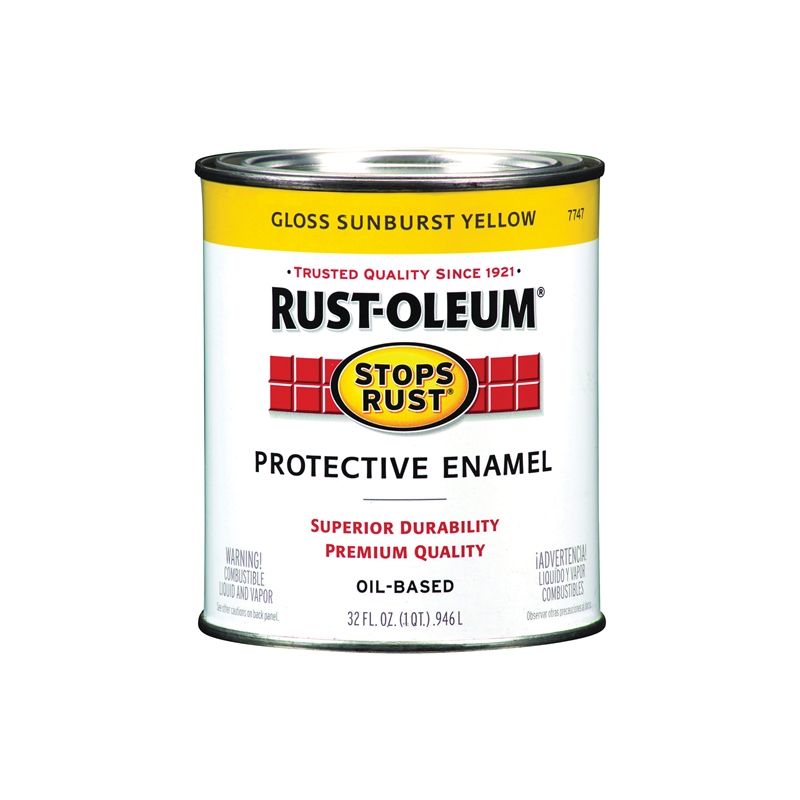 Rust-Oleum Stops Rust 7747502 Enamel Paint, Oil, Gloss, Sunburst Yellow, 1 qt, Can, 50 to 90 sq-ft/qt Coverage Area Sunburst Yellow