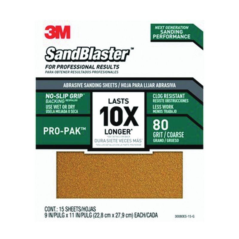 3M SandBlaster Series 30080ES-15-G Sandpaper, 11 in L, 9 in W, 80 Grit, Coarse, Aluminum Oxide Abrasive Green