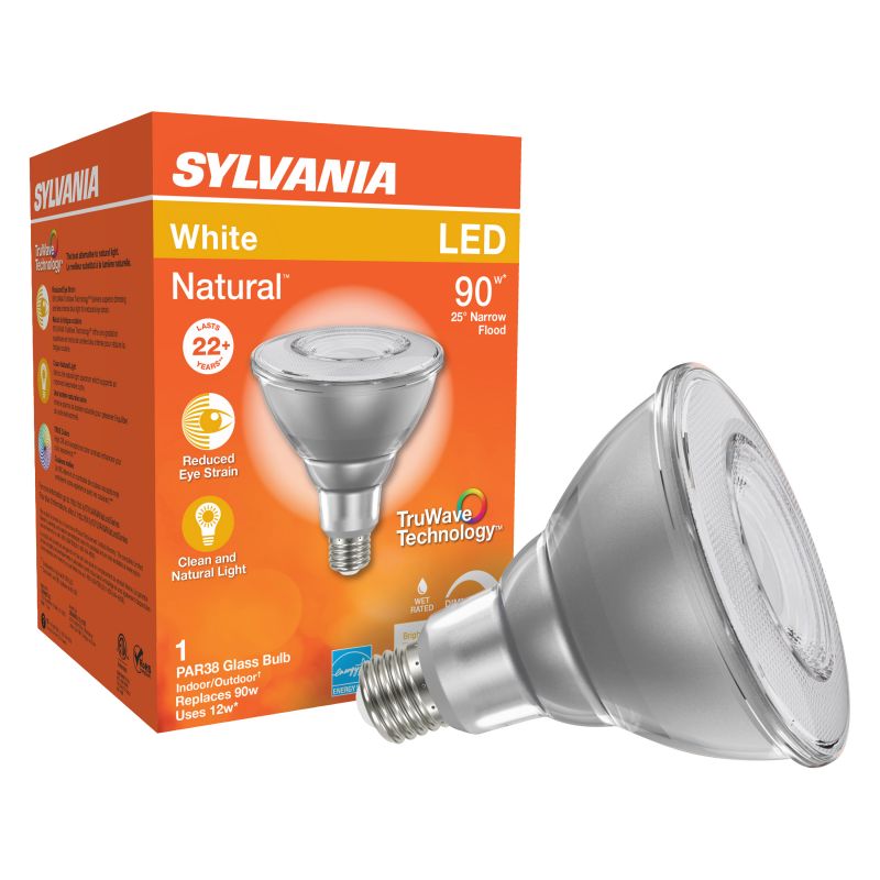 Sylvania 40906 Natural LED Bulb, Spotlight, PAR38 Lamp, 90 W Equivalent, E26 Lamp Base, Dimmable, Clear, Daylight Light