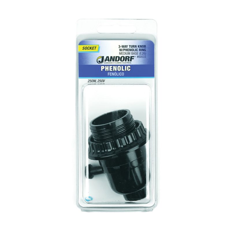 Jandorf 60533 Turn Knob Lamp Socket, 250 V, 250 W, Phenolic Housing Material, Black Black
