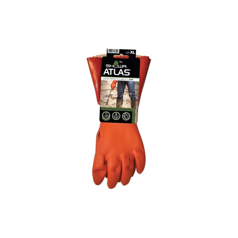 Showa 620XL-10.RT Coated Gloves, XL, 12 in L, Gauntlet Cuff, PVC, Orange XL, Orange