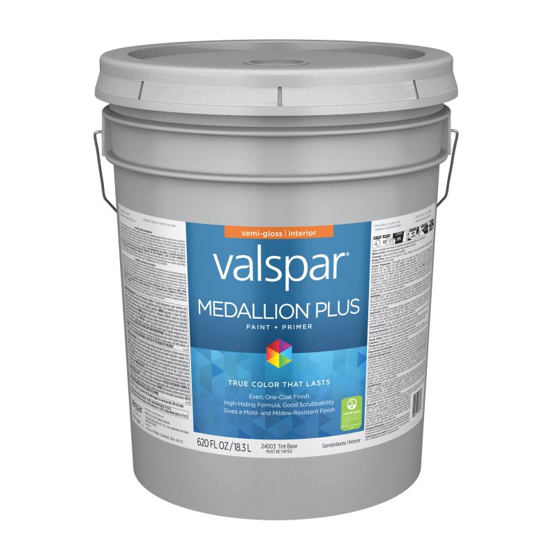 Valspar Medallion Plus 2700 08 Latex Paint, Acrylic Base, Semi-Gloss Sheen, Tint Base, 5 gal Tint Base