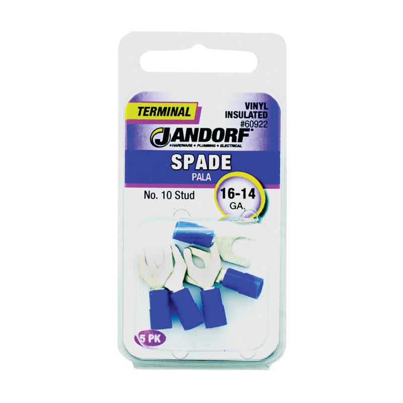 Jandorf 60922 Spade Terminal, 600 V, 16 to 14 AWG Wire, #10 Stud, Vinyl Insulation, Copper Contact, Blue Blue