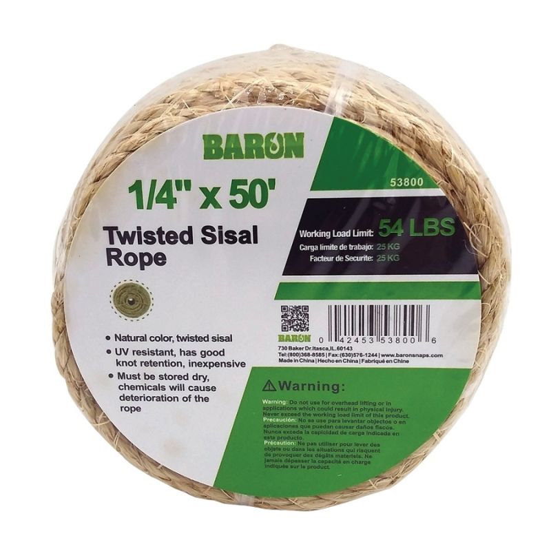 BARON 53800 Rope, 1/4 in Dia, 50 ft L, 54 lb Working Load, Sisal, Natural Natural
