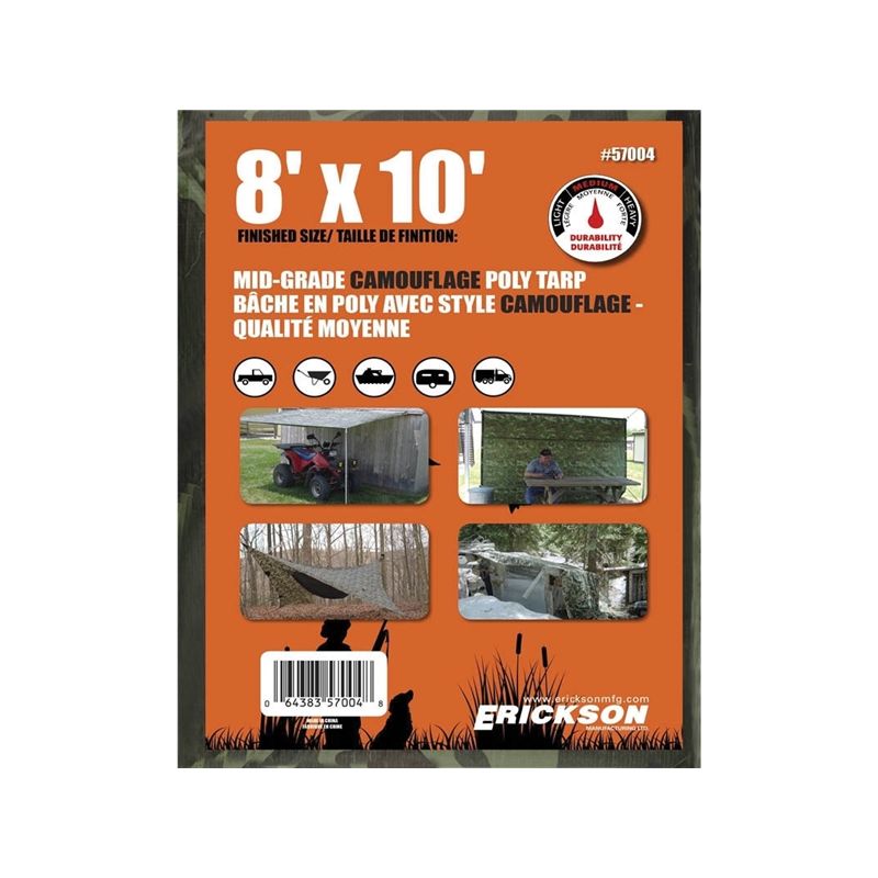 Erickson 57004 Mid-Grade Tarp, 10 ft L, 8 ft W, Poly, Camouflage Camouflage