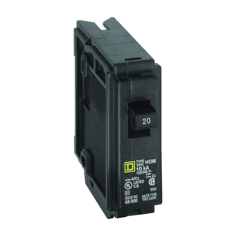 Square D Homeline HOM120CP Circuit Breaker, Mini, 20 A, 1 -Pole, 120 V, Fixed Trip, Plug Mounting, Black Black