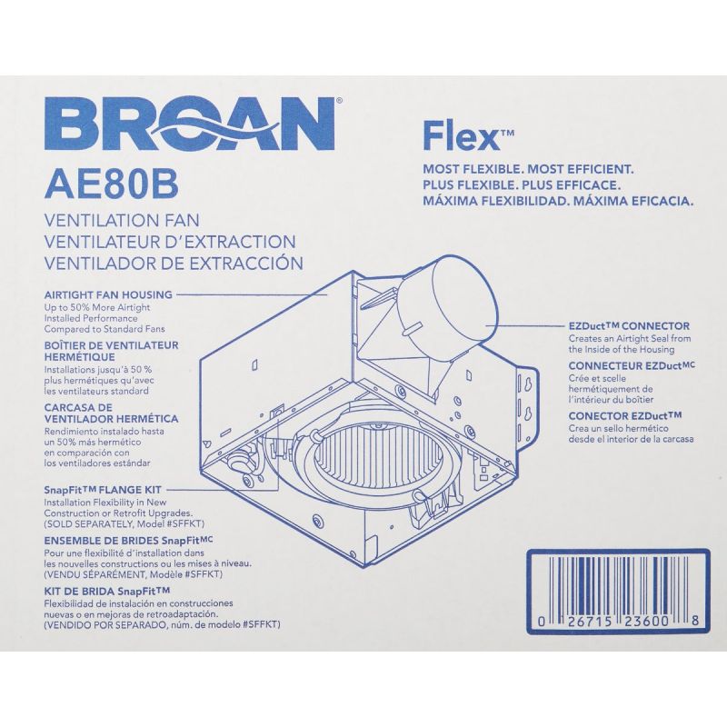 Broan Flex Series 80 CFM Ceiling Room Side Installation Bath Exhaust Fan White