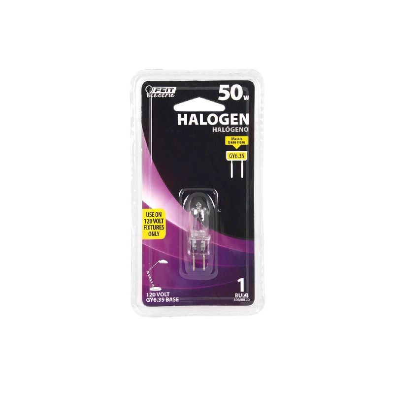 Feit Electric BPQ50T4/JCD/CAN Halogen Bulb, 50 W, GY6.35 Lamp Base, JC T4 Lamp, 3000 K Color Temp, 2000 hr Average Life