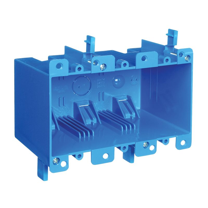 Carlon B355R Outlet Box, 3 -Gang, PVC, Blue, Clamp Mounting Blue