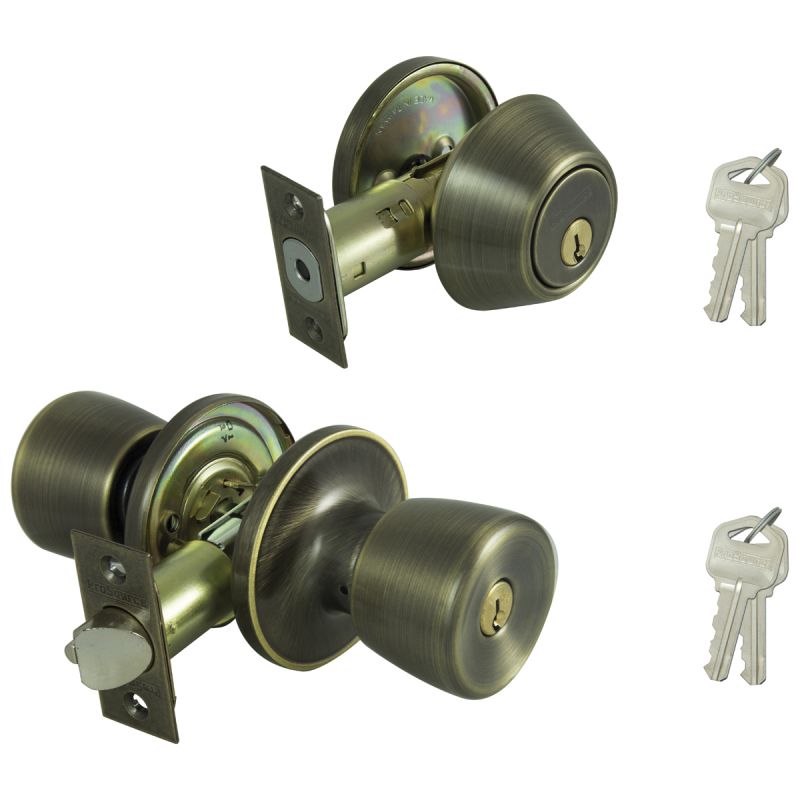 ProSource BS8B1-PS Deadbolt and Entry Lockset, Turnbutton Lock, Tulip Design, Antique Brass, 3 Grade, Brass