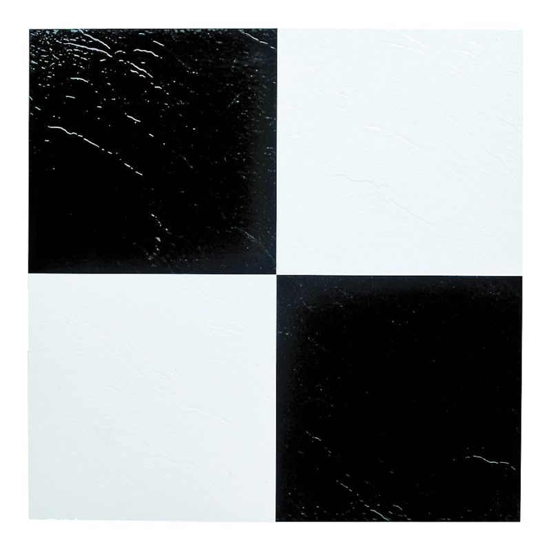 ProSource ELE-1305-3L Vinyl Self-Adhesive Floor Tile, 12 in L Tile, 12 in W Tile, Square Edge, Black/White Black/White