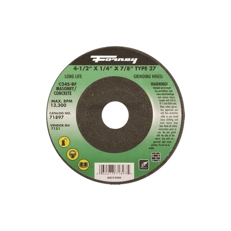 Forney 71897 Grinding Wheel, 4-1/2 in Dia, 1/4 in Thick, 7/8 in Arbor, 24 Grit, Coarse, Silicone Carbide Abrasive