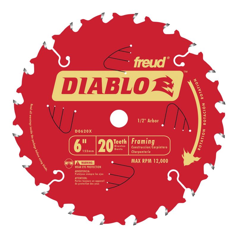 Diablo D0620X Circular Saw Blade, 6 in Dia, 1/2 in Arbor, 20-Teeth, Carbide Cutting Edge