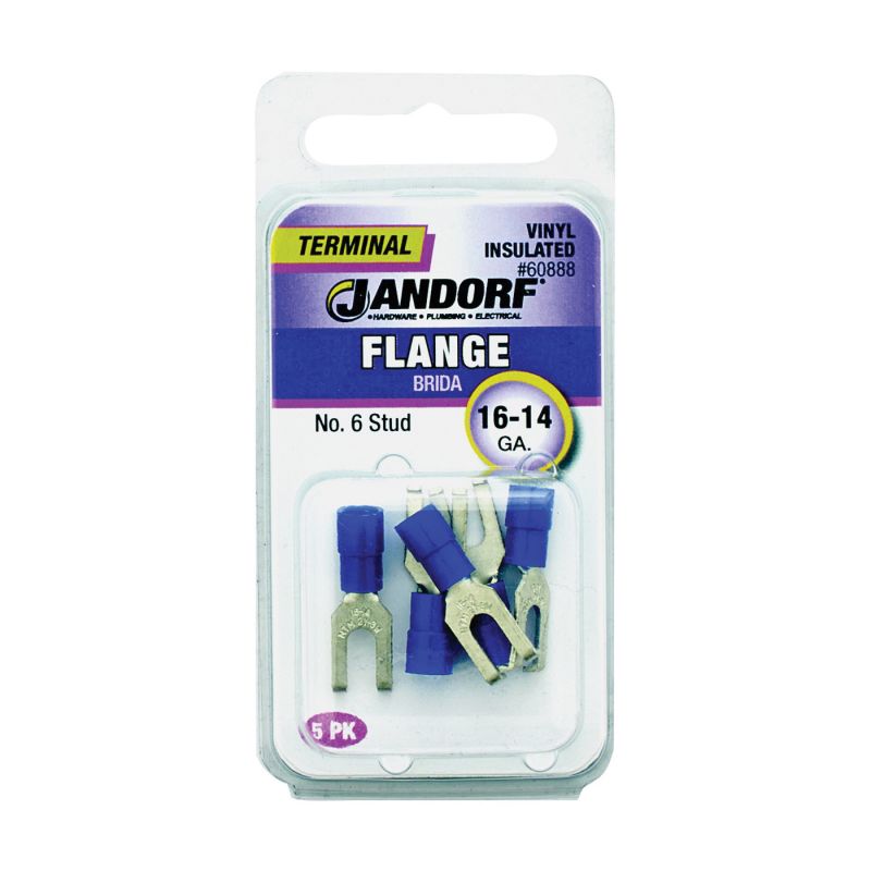 Jandorf 60888 Spade Terminal, 16 to 14 AWG Wire, #6 Stud, Vinyl Insulation, Copper Contact, Blue Blue