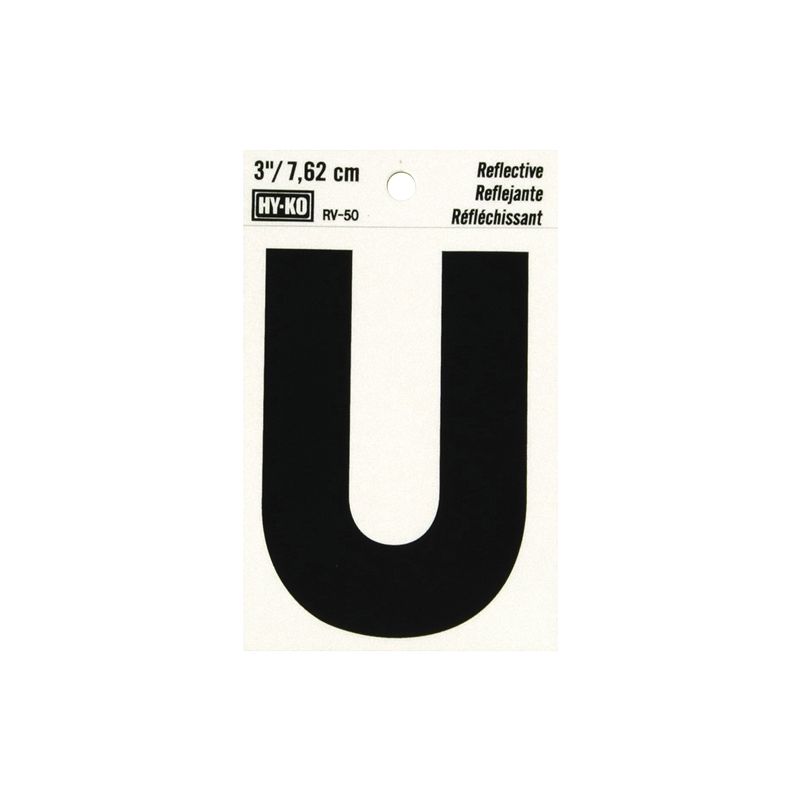 Hy-Ko RV-50/U Reflective Letter, Character: U, 3 in H Character, Black Character, Silver Background, Vinyl