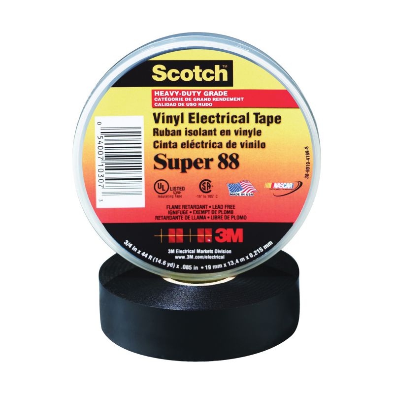 Scotch 88 Electrical Tape, 66 ft L, 3/4 in W, PVC Backing, Black Black