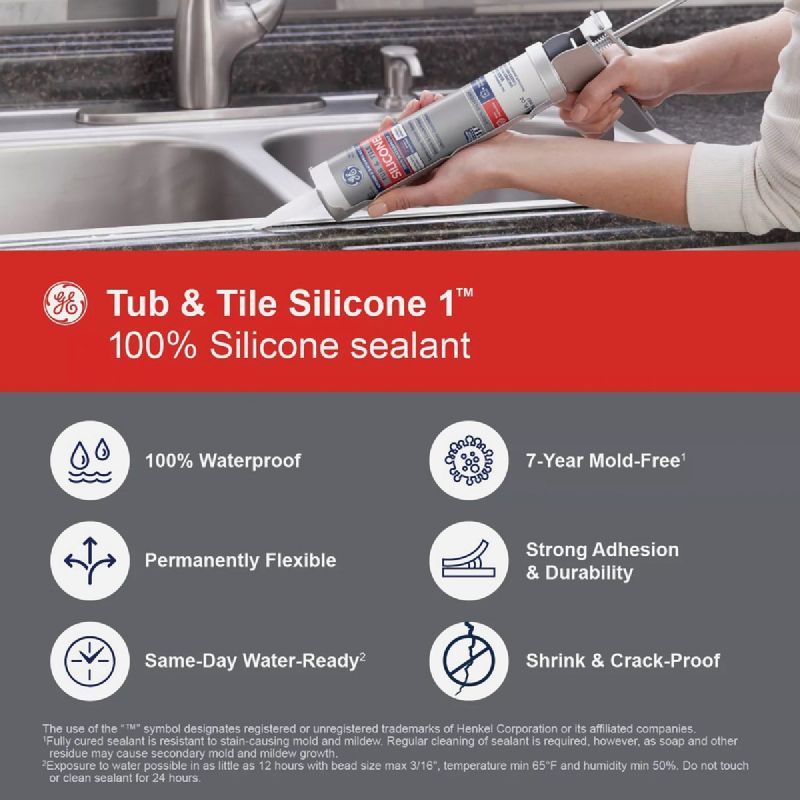 GE Silicone 1 Tub &amp; Tile 100% Silicone Sealant White, 10.1 Oz.