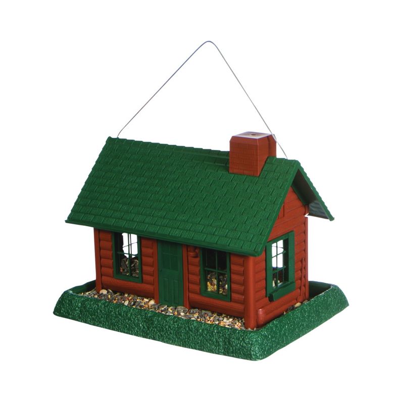 North States 9063 Hopper Bird Feeder, Log Cabin, 8 lb, Plastic, Green, 11 in H, Hanging/Pole Mounting Green