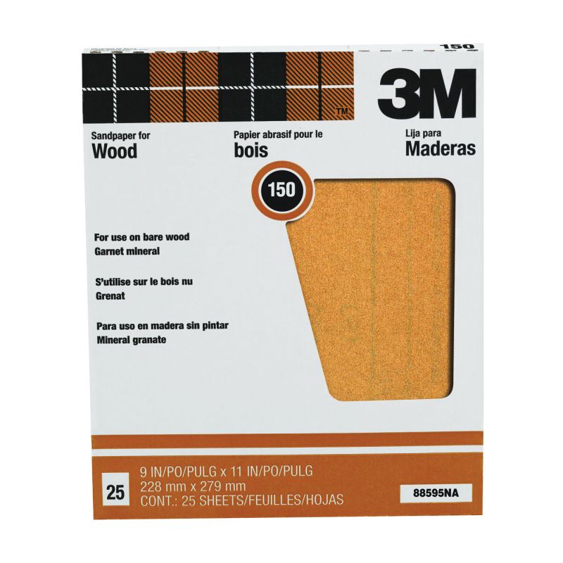 3M 88595 Sandpaper Sheet, 11 in L, 9 in W, Fine, 150 Grit, Garnet Abrasive, Paper Backing Red