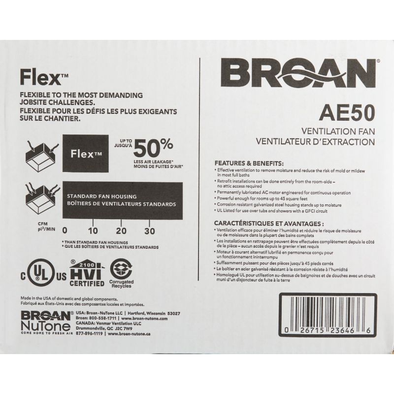 Broan Flex Series 50 CFM Bath Exhaust Fan White