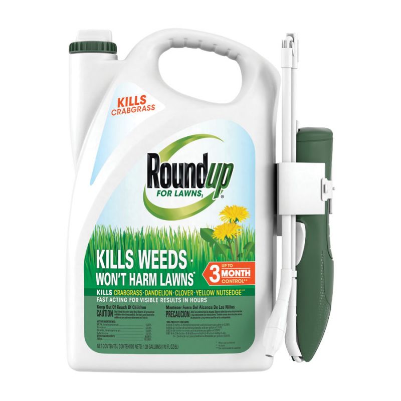 Roundup 5020210 Weed Killer, Liquid, Spray Application, 1.33 gal Amber/Dark Brown