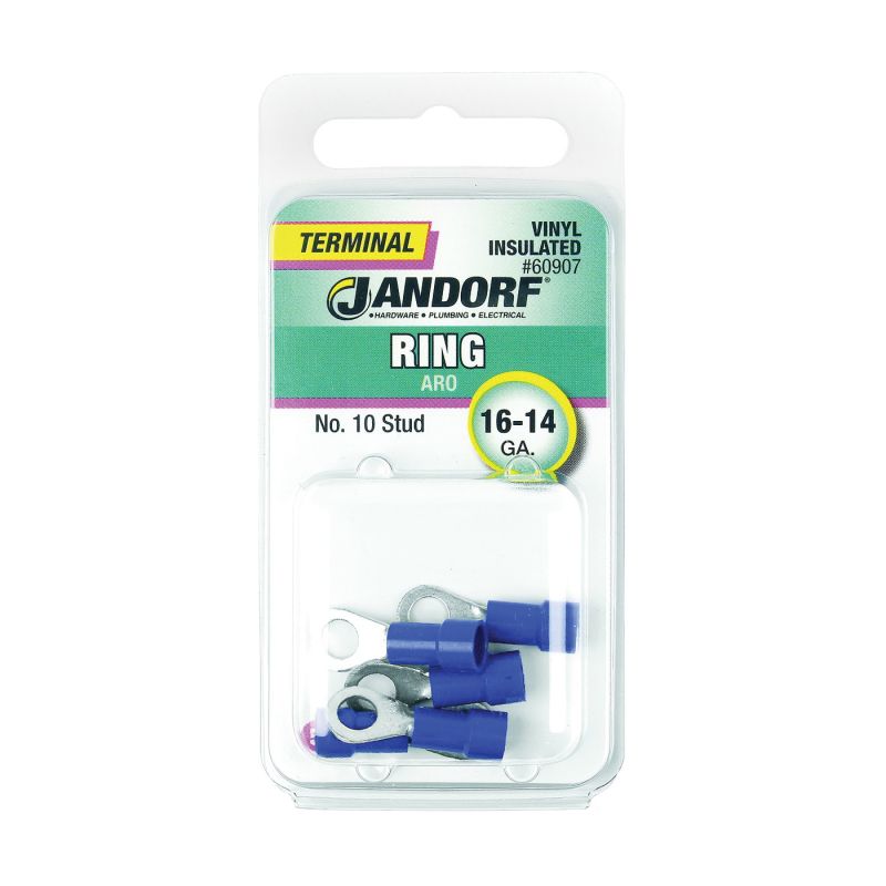 Jandorf 60907 Ring Terminal, 16 to 14 AWG Wire, #10 Stud, Vinyl Insulation, Copper Contact, Blue Blue