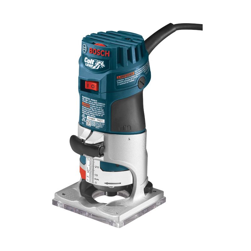Bosch PR20EVS Palm Router, 5.6 A, 1-5/16 in Max Cutter Dia, 1/4 in Collet, 16,000 to 35,000 rpm Load Speed
