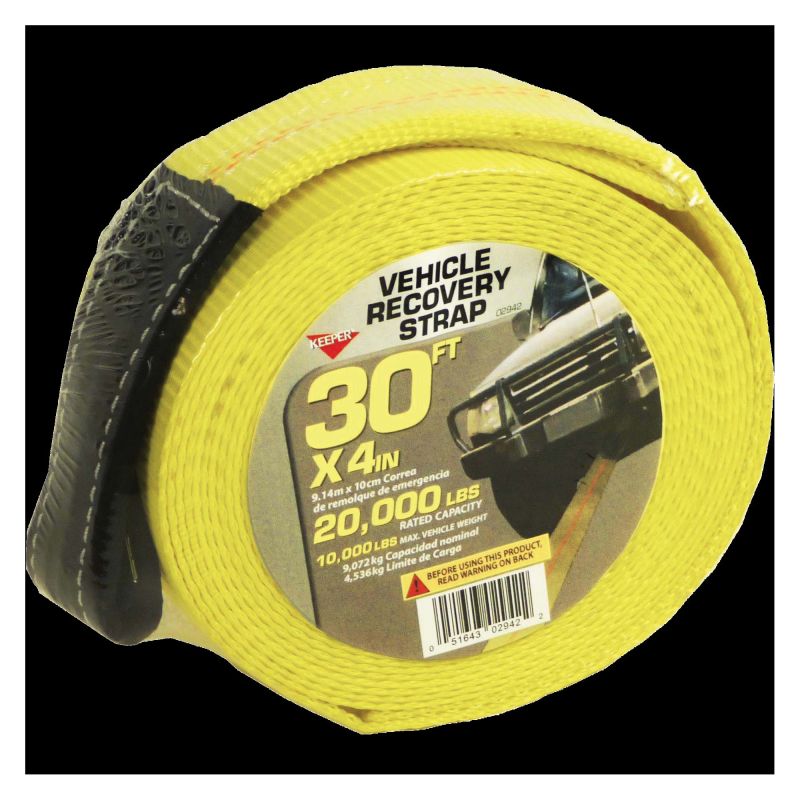 Keeper 02942 Recovery Strap with Ware Guard, 20,000 lb, 4 in W, 30 ft L, Hook End, Yellow Yellow