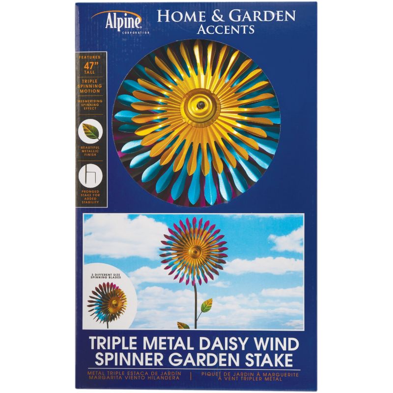Alpine Triple Metal Daisy Wind Spinner Garden Stake Multi